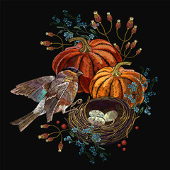 Halloween background. Orange pumpkin and bird nest. Embroidery autumn gothic art. Template for clothes, t-shirt design