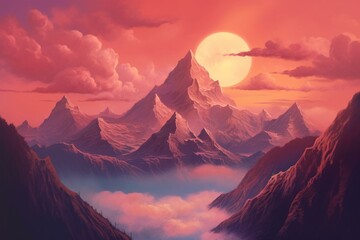 A scenic mountain vista against a rosy sky. Generative AI