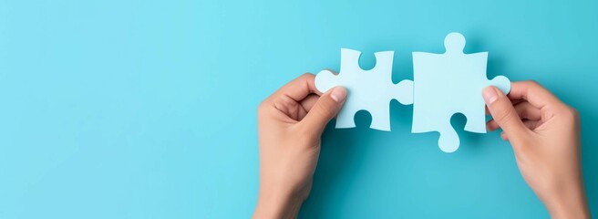 Hands with white puzzle on blue background banner. Teamwork connection and problem solving strategy. Generate ai