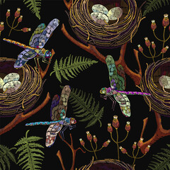 Embroidery. Autumn style. Dragonflies, fern leaf and nest with eggs. Seamless pattern. Fashion art, template for design of clothes, t-shirt - 666030905