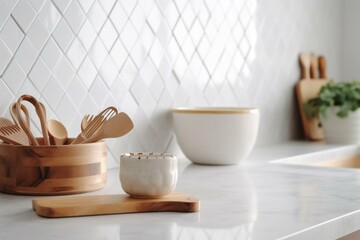 Fototapeta na wymiar Clean, luminous kitchen with white marble countertop, wooden utensils, ceramic bowl, and basket in morning light against white square tile wall. Suitable for cooking, food, drink, and. Generative AI
