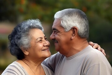 Hispanic couple love moment. Happy marriage of aged Latin people. Generate ai