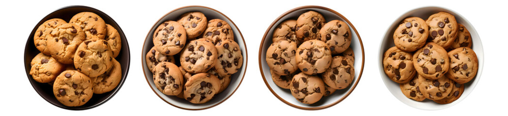 dark chocolate chip cookies on bowl, top view with transparent background, smooth blur edge, Generative AI - obrazy, fototapety, plakaty