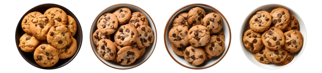 Fotobehang dark chocolate chip cookies on bowl, top view with transparent background, smooth blur edge, Generative AI © Bakemon
