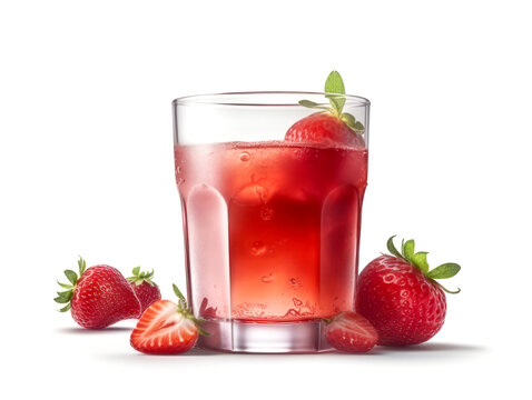 Glass of strawberry cocktail with ice cubes and fresh strawberries on white background. Close up.