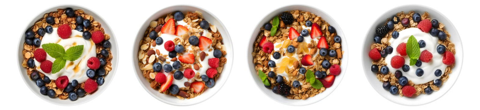 Bowl of homemade granola with yogurt and fresh berries, top view with transparent background, smooth blur edge, Generative AI