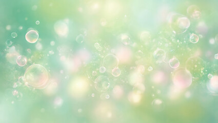 Fototapeta na wymiar A mesmerizing and dreamy blend of soft ethereal blur, set against a backdrop of light green, adorned with whimsical bubbles, a delicate watercolor effect, and subtle bokeh elements.
