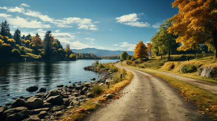 Empty road leading to lake.