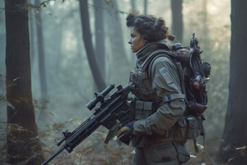 Science fiction female soldier in war gear with a rifle in a misty forest