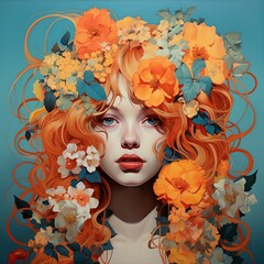 Portrait of a beautiful red-haired girl with flowers in her hair.