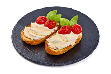 Toasted bread with cheese spread, isolated on white background.