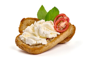 Sandwich with cream cheese and cherry tomatoes, isolated on white background.