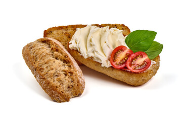 Toasted bread with cheese spread, isolated on white background.