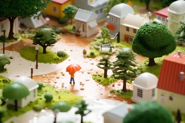 雨の降る街並みと公園（3D）ジオラマ