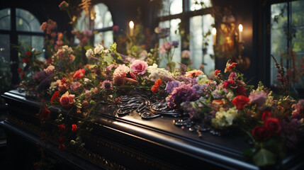 Fototapeta na wymiar Coffins and flowers.