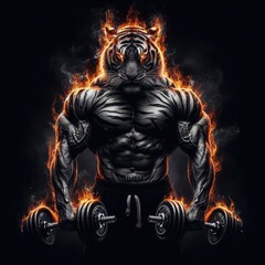 Fototapeta na wymiar tiger Bodybuilder with fires around his body, dark background, illustration 