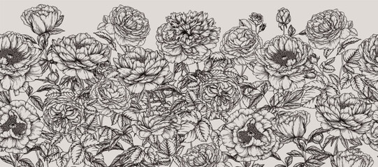 Seamless horizontal vector garden pattern of peonies and roses in engraving style - obrazy, fototapety, plakaty