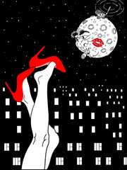 Women's feet in shoes with heels on the background of the night city. A metaphor. Moon.