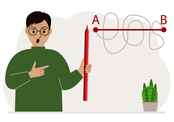 A man with a red pencil in his hand. A line is drawn from point A to point B, a straight and difficult path, the shortest distance to the goal, an easy or short path to success in business and life.