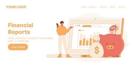 Financial Reports. Web Landing Page Design. Flat Cartoon Vector Illustration.