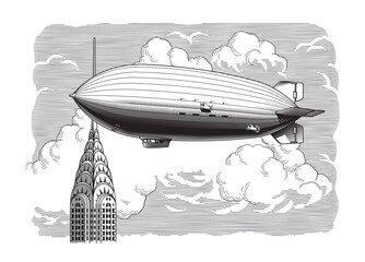 Vintage dirigible or zeppelin aircraft flying in the sky and skyscraper tower on the background, engraving retro style vector illustration. © ledokol.ua
