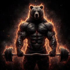 Angry bodybuilder Bear with glowing lines, black background, illustration