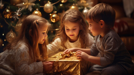 Obraz na płótnie Canvas Winter holidays concept. Generative AI. Two little European girls and one boy open a gift box sitting next to a Christmas tree in a cozy home interior.