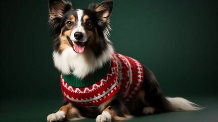 A pet with a cheeky grin wearing a holiday sweater
