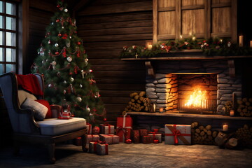 Warm cozy Christmas fireplace in a festive interior of a log cabins with wooden walls. Decorated Christmas tree with ornament and gifts
