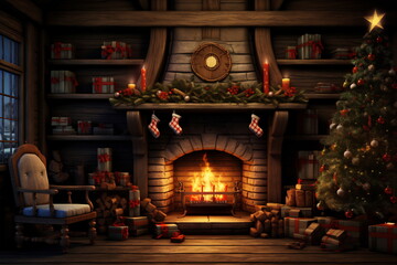 Fototapeta na wymiar Warm cozy Christmas fireplace in a festive interior of a log cabins with wooden walls. Decorated Christmas tree with ornament and gifts