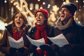 Three cheerful friends doing door-to-door carol singing on Christmas eve. Group of young people caroling on the street during festive holidays. Traditional Christmas activities. - obrazy, fototapety, plakaty