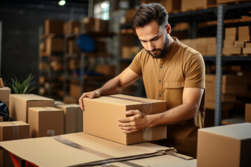 Young handsome man taping a cardboard box for delivery. Warehouse order picker packing and sealing cardboard box with tape for dispatch. - obrazy, fototapety, plakaty