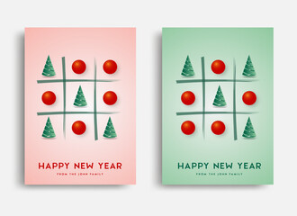 Happy New Year greeting card, Tic Tac Toe, Elegant simple style on a bright background. Vector illustration.