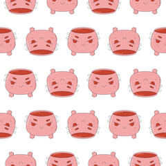 Cute and creepy Halloween character. Groovy retro cartoon cauldron mascot. Witch symbol. Spooky seamless pattern.