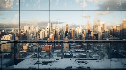 A snowy rooftop mirrored in a sleek skyscraper window
