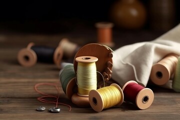 Pincushion spools thread equipment on wooden table. Design texture sew object. Generate ai