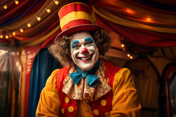 Cheerful clown wearing funny colorful clothes and a hat on a backdrop of circus tent. - obrazy, fototapety, plakaty