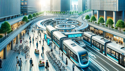 Seamless Transitions: Tech-Driven Transportation Hub Enables Smooth Shifts between Electric Buses, Trams, and Bikes - obrazy, fototapety, plakaty