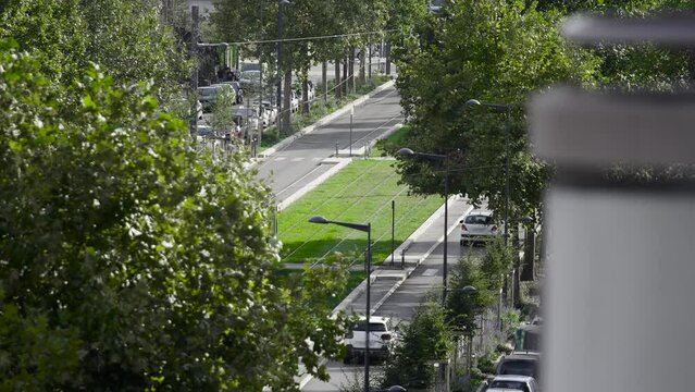 tram, tramway, transport en commun, &eacute;cologie, ville verte, arbre, ville, vieux, nouveau, rue, route, b&acirc;timent, architecture, nature, Europe, France, Fran&ccedil;ais, herbe 