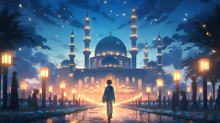 a boy walks towards a mosque at night with fireflies around him , anime style