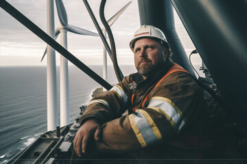 Obraz premium Windmill renewable people turbine worker technology electricity wind engineer energy farm