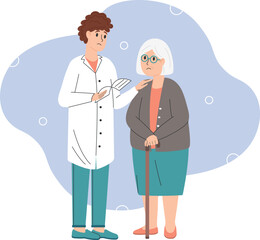 Sad Doctor Delivering Bad News to Elderly Patient. Emotional Vector Illustration of Senior Care in Flat Style