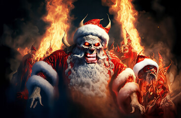 Demon Santa Claus with fire eyes in the flames of hell.