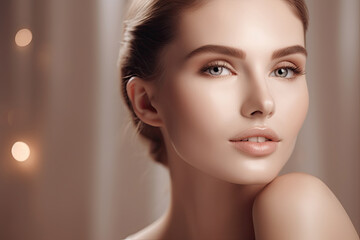 Naklejka premium Portrait of a young woman with glowing perfect skin and make-up natural beauty