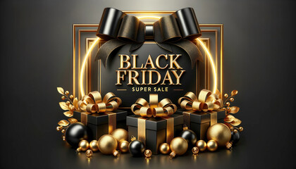 Fototapeta na wymiar Regal Black Friday Display: Neon Frame & Lavish Gifts