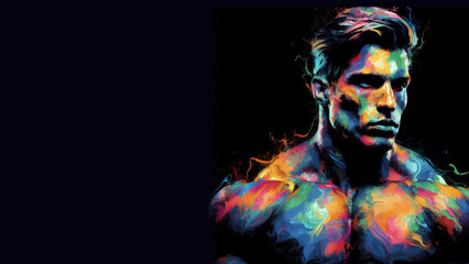 Muscular Elegance: Bodybuilder's Watercolor Portrait Man on Black Background.
