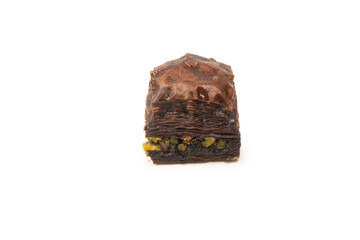 Turkish chocolate baklava isolated on white background.
