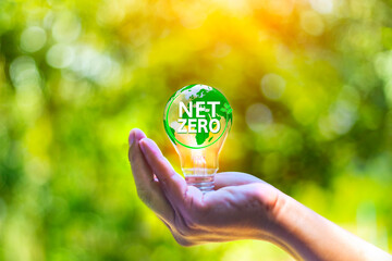 Net zero concept. net zero icon in light bulb on green bokeh. Carbon gas affects global warming....
