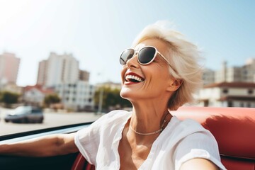 Happy woman enjoying summer road trip in US, wealth and freedom lifestyle, luxury cabrio adventure - obrazy, fototapety, plakaty