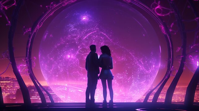 Two lovers kissing in front of the cyber futuristic background. Created with Generative Ai technology.